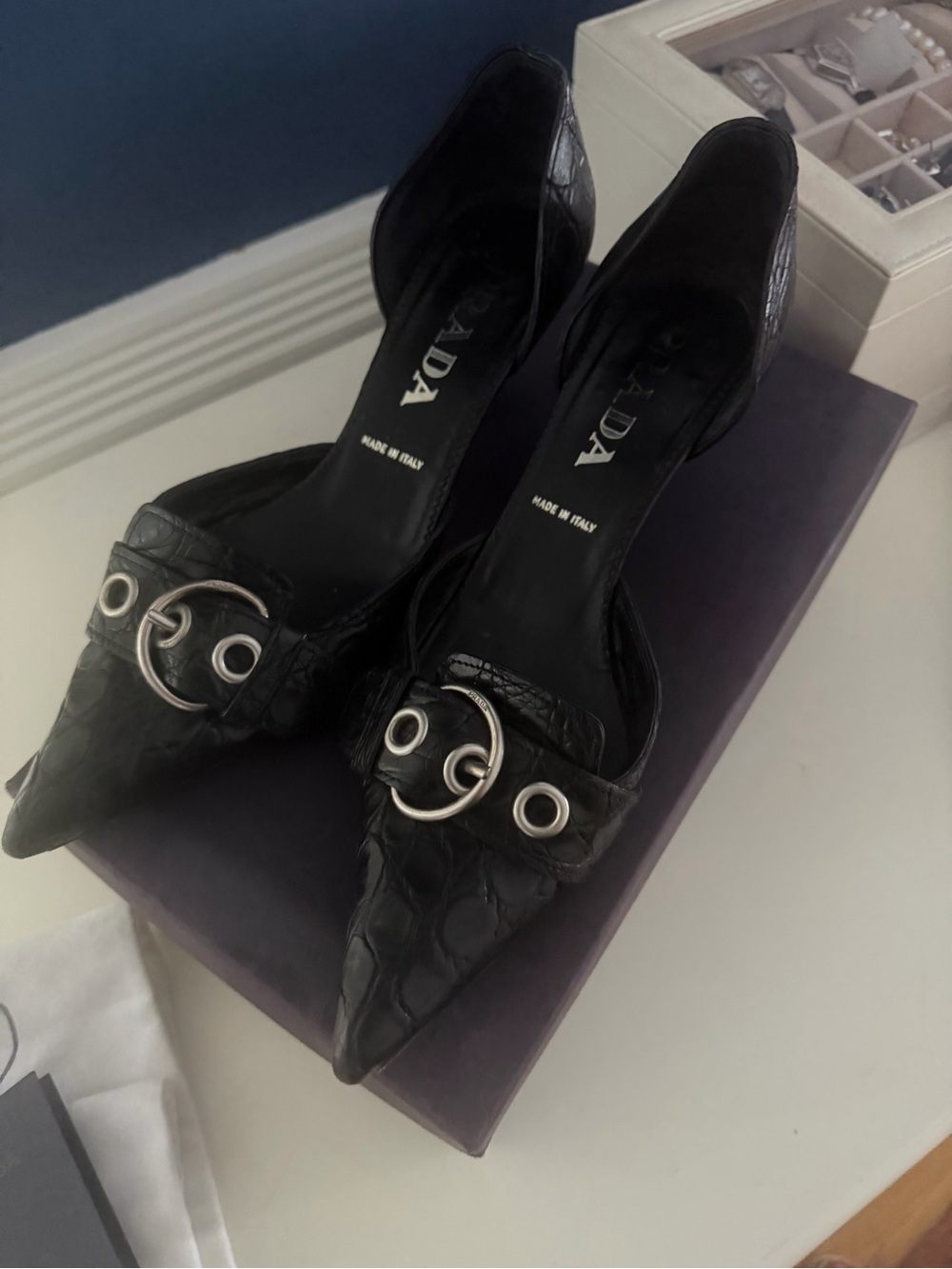 Prada Black Crocodile skin Pointed D'Orsay Heels with Silver buckle